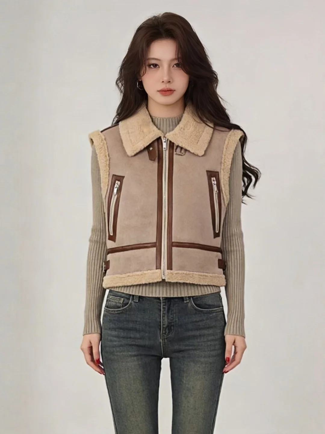 

Fall Winter New Sle Women's ort Suede Lamb Fur Vest Motorcycle Vintage Outerwear Warmth Faion Zipper ket Loose Fit