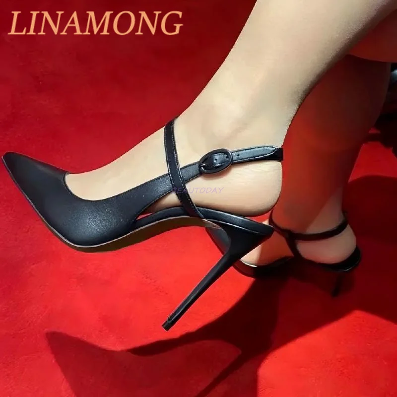 

Pointed Cross Buckle Strap Pump Simple Backless Monochrome Leather Ankle Buckle Strap Fashionable and Versatile Slim High Heels