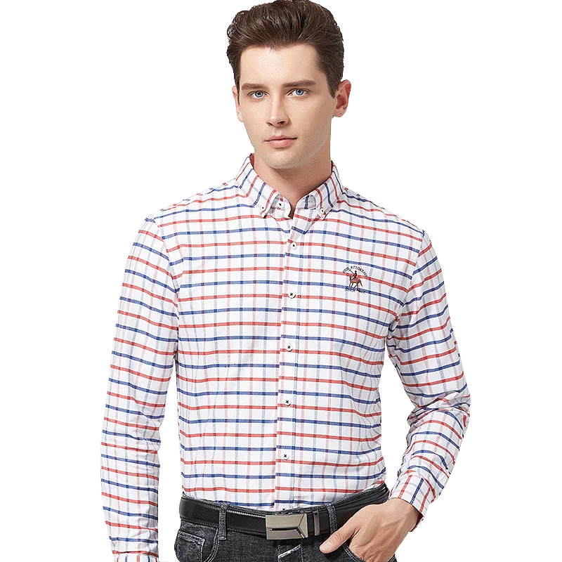 Men\'s Long Sleeve Oxford Casual Shirt 100% Cotton Fashion Grid Stripe Male Luxury  Shirts Button-down White Soft Colthing