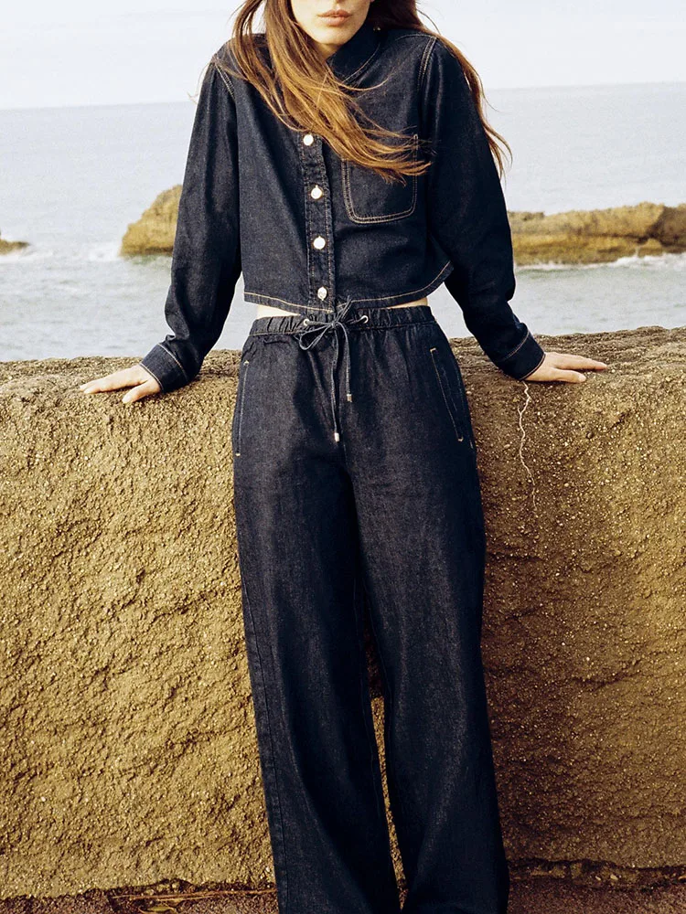 

Spring New Arrival Women's Long Sve Denim irt Wide Leg Jeans Two Piece Set Faionable Button up Casual Outfit