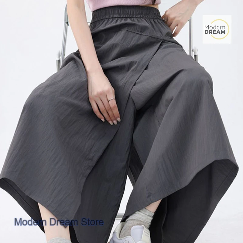 

Japanese-style grey frock women's spring and summer new fashion temperament high waist casual Joker loose wide-leg pants.