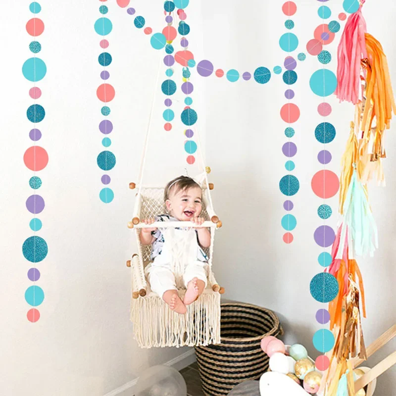 4m Glitter Round Ring Paper Garland Wall Hanging Ocean Banner Baby Shower Wedding Undersea Marmaid Birthday Party DIY Decoration