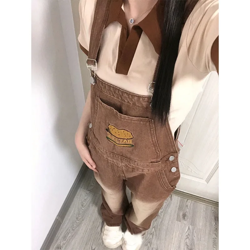 American Vintage Brown Denim Suspender Pants Women Hamburg Embroidery Loose Straight Overalls Fashion Trend Jumpsuit