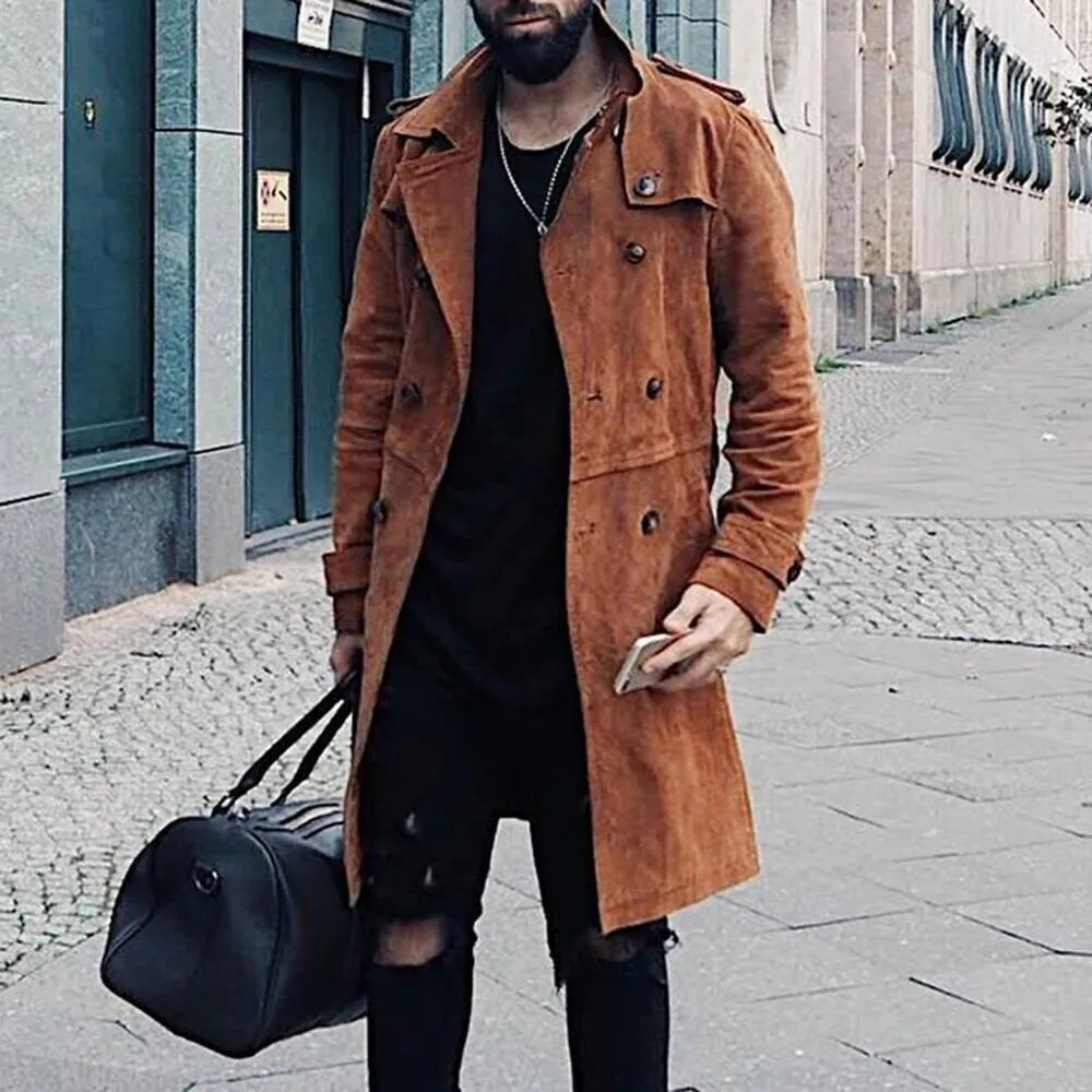 

New Autumn And Winter American Street Retro Suede Jacket Mens Mid-Length Fashion Trend Lapel Windbreaker Double-Breasted Coat