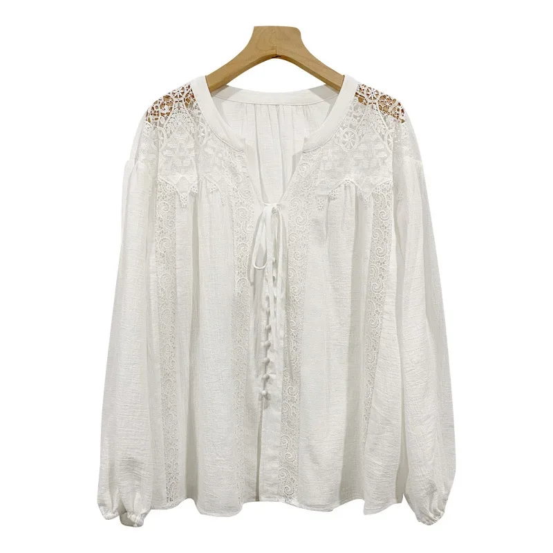 TEELYNN Cotton White Lace Blouses Shirt Women Vintage Top Oversize Lantern Long Sleeve Blouse Boho Beach Loose Ladies Blusas