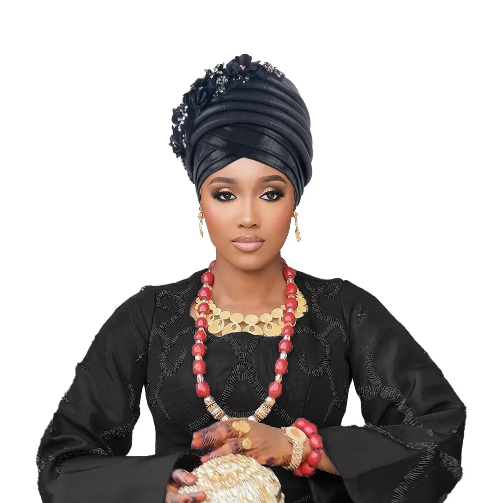 Already Made African Head Wraps for Women Turban Femme Geles Nigerian Aso Oke Bonnet Diamonds Flower Auto Gele Headtie Wedding