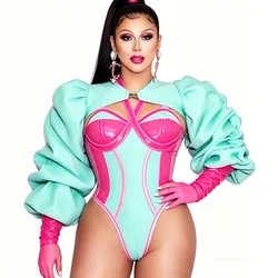 Pink Green Splicing Color Bodysuit Bubble Sleeve Top Drag Queen Dance Costume Nightclub Bar Women Singer Performance Rave Outfit