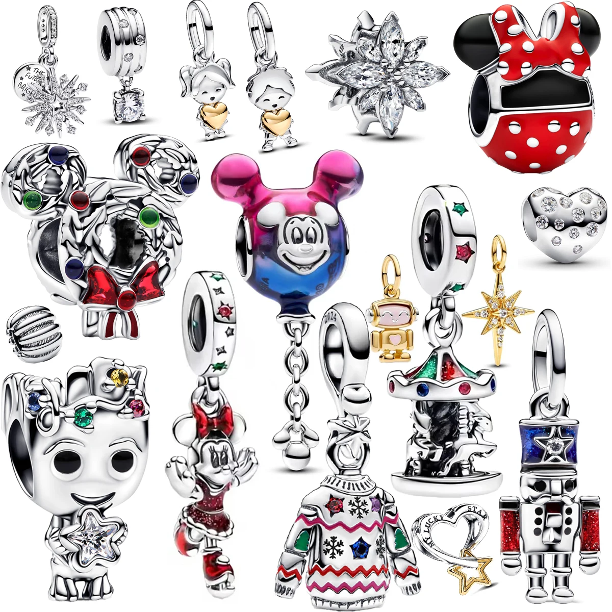 

New Miniso Disney Christmas Red Minnie Bow Mickey Balloon Charm Beads Fit Original Bracelet DIY Gift For Women Accessories