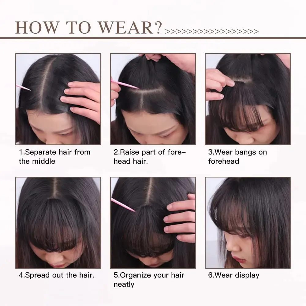 Extensões sintéticas do cabelo do grampo-em para mulheres, bangs falsos do cabelo, hairpieces resistentes ao calor, bangs macios do ar