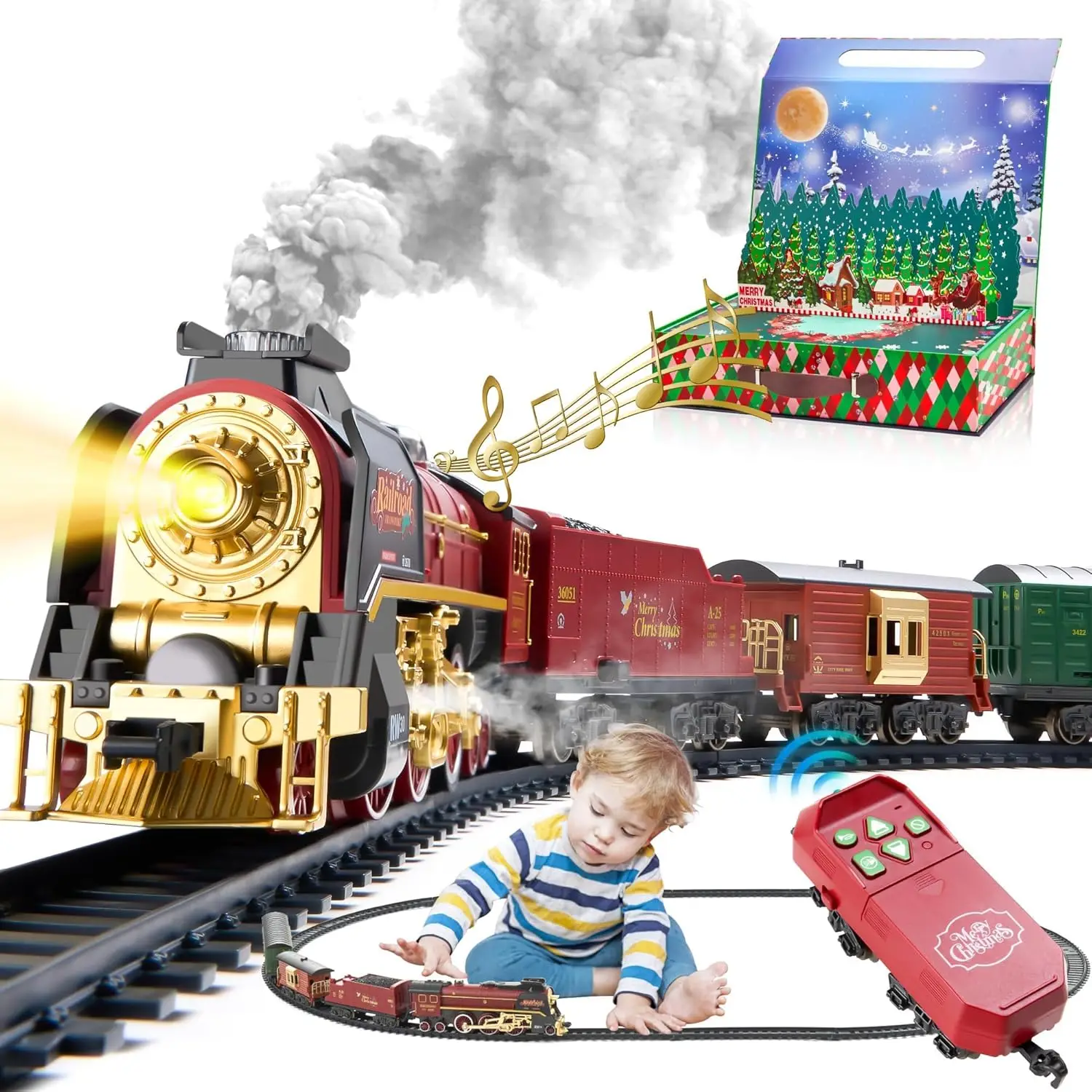 

Train Set with Gift Case and Remote Control, Train Toys with Smoke, Light and Sound, Christmas Train Sets for Around The Tree, T