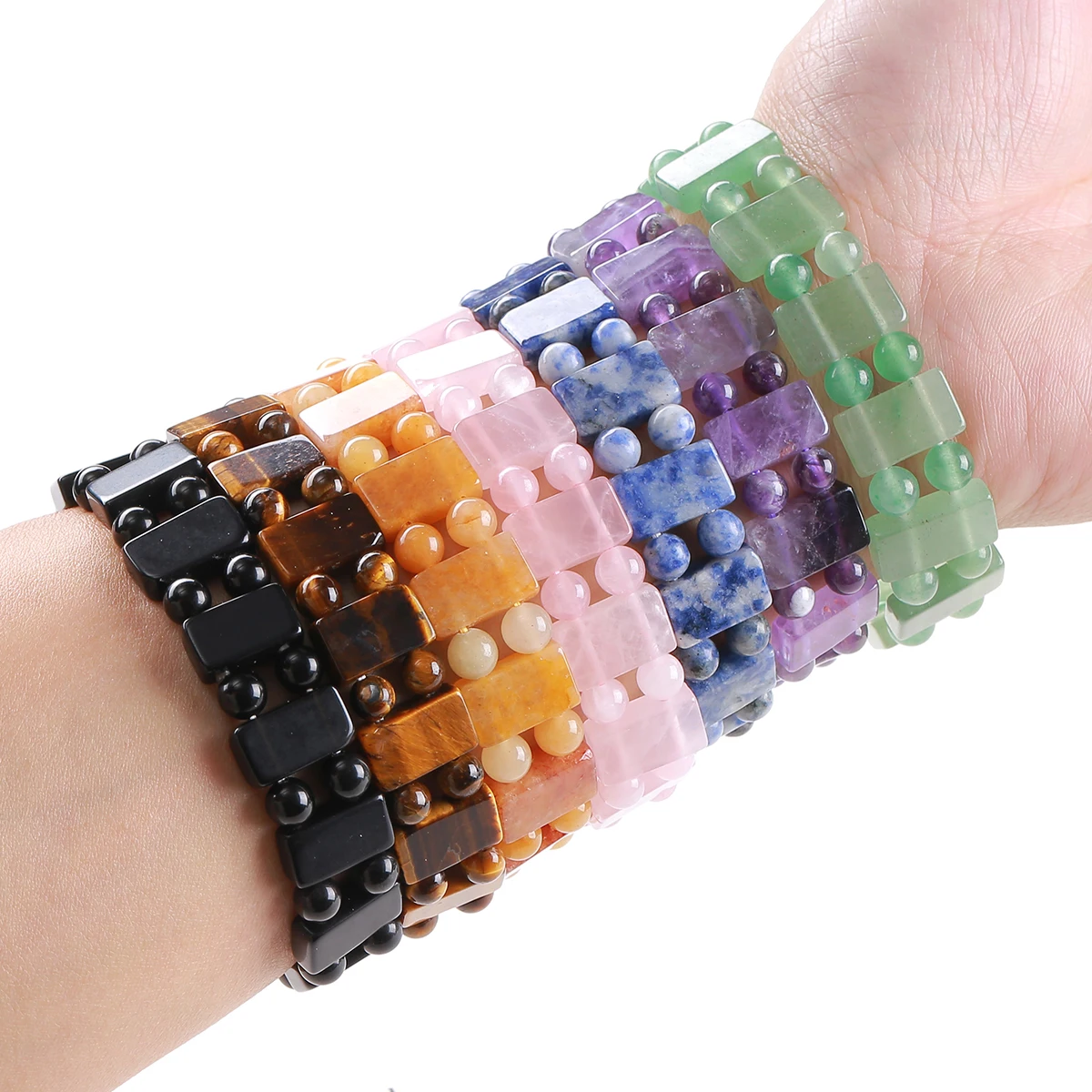 JD 9x15mm Natural Stone Amethyst Yellow Tiger's Eye Square Beads Bangle Charms Yoga Men Women Meditation Amulet Wrist Bracelet