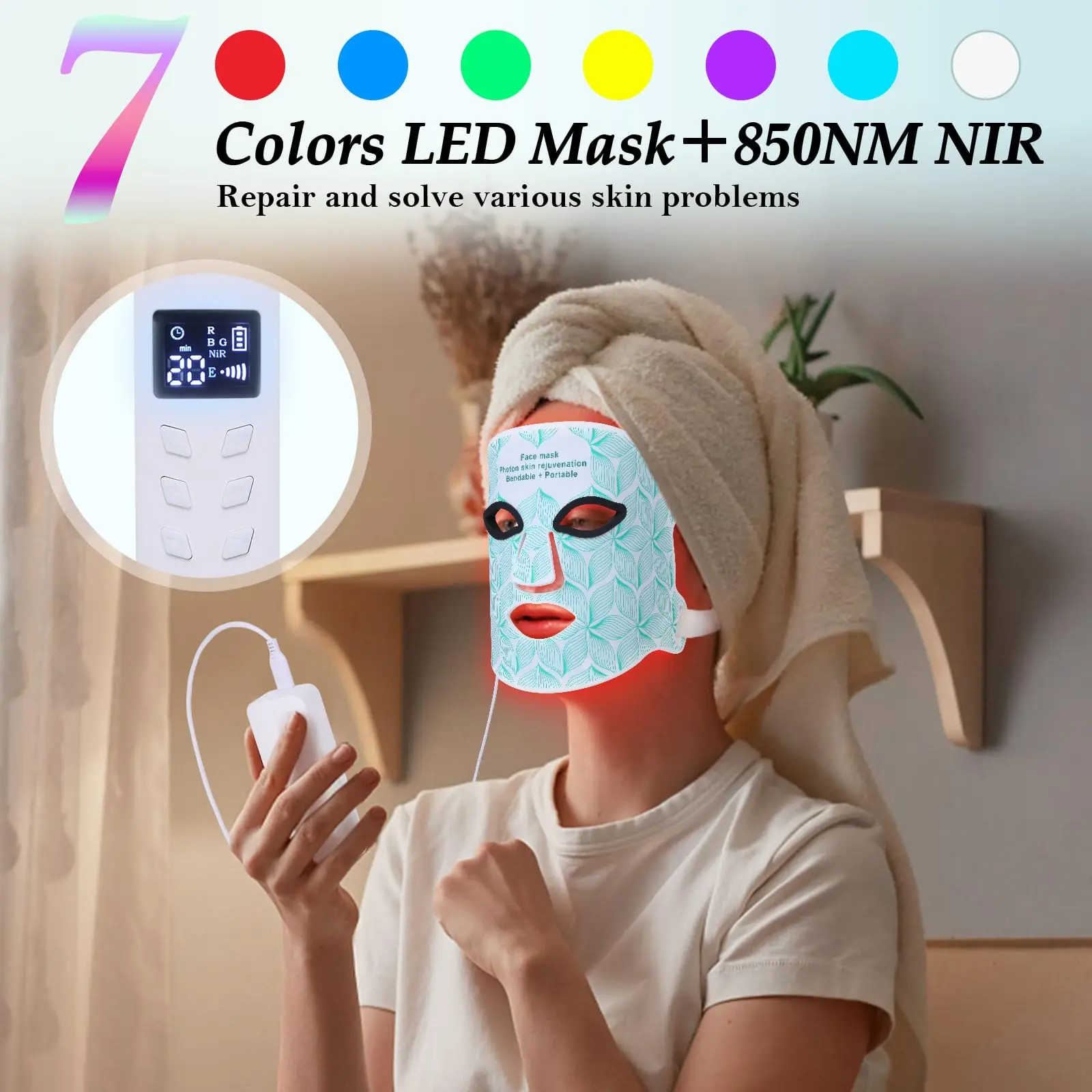 7+1 Colors LED Face Mask Light Therapy Red Light Therapy for Face Near-infrared Portable Mask Skin Care Device Home Anti-Aging