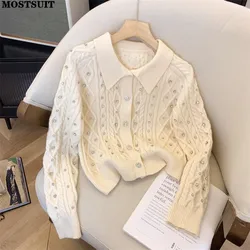 Diamonds Sweater For Women Knitted Cardigan Tops Solid Elegant Stylish Chic Knitwear 2024 Autumn Single-breasted Ladies Jumpers