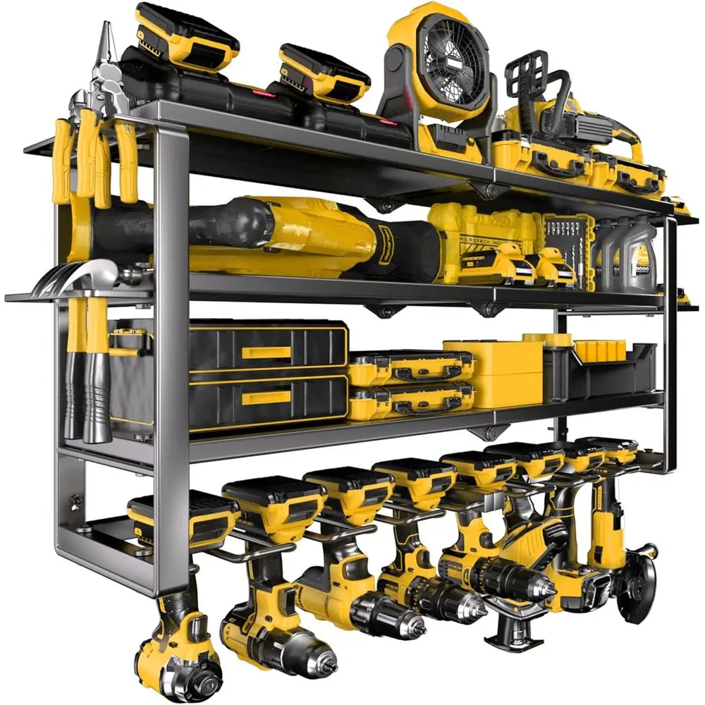 

4-Tier Wall-Mounted Tool Organizer with Charging Station & 8 Drill Holders for Garage Workshop Storage