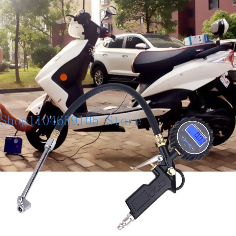 652F Auto Digital Tire Inflator Pressure Gauge LED Display Tyre Deflator Gage with Dual for Head Chuck Rubber Hose Fitting