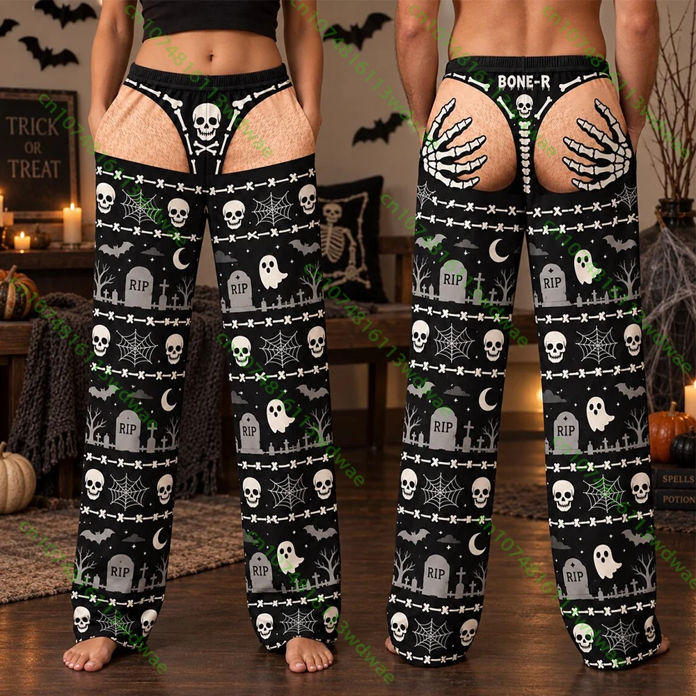 2026 Winter Halloween Skeleton Skull Print Women Horror Dress Up Party Plush Pajama Pants Soft Trousers Casual Home Pajama Pants