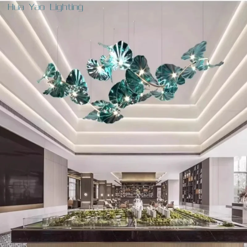 Chandelier Designed With Green Glass Leaves Art Pendant Lights For Island Hotel Restaurant Chandeliers Led Hanging Ceiling Lamp