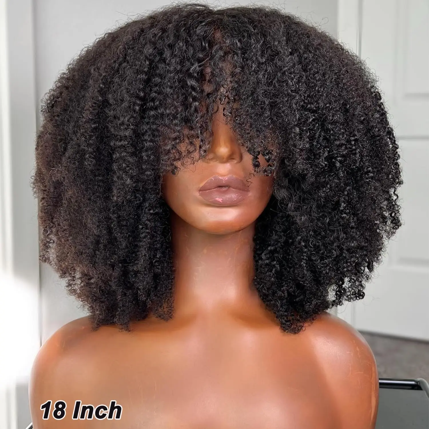 Afro Kinky Curly Wig With Bangs Human Hair For Black Women(20 Inch),200 Density Brazilian Virgin Short Curly Hair Wigs,Full