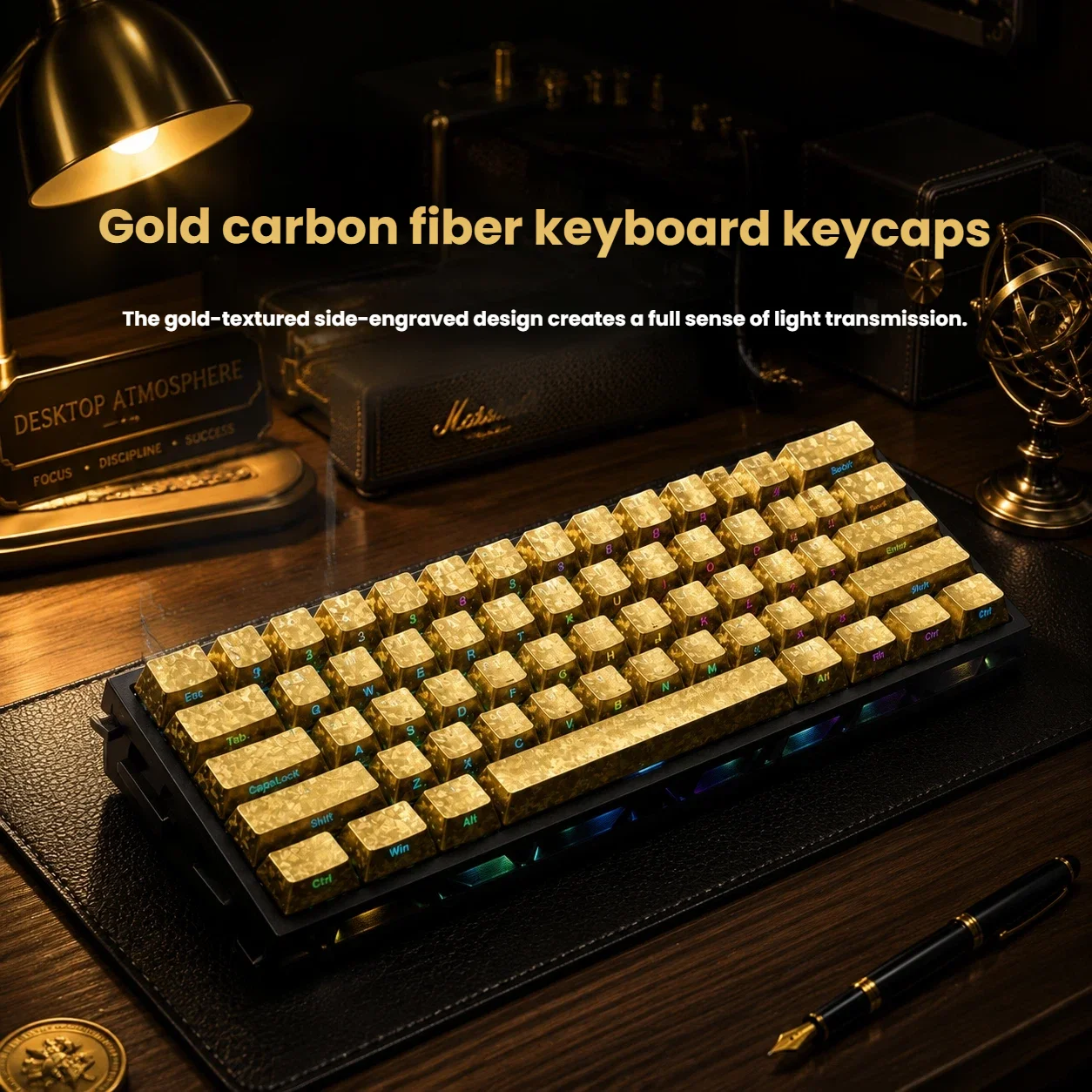 Gold-tone Carbon Fiber 2.0 keycaps with side engraving (PC material), backlit design, compatible with Ev63, Ace68,and Made68 ATK