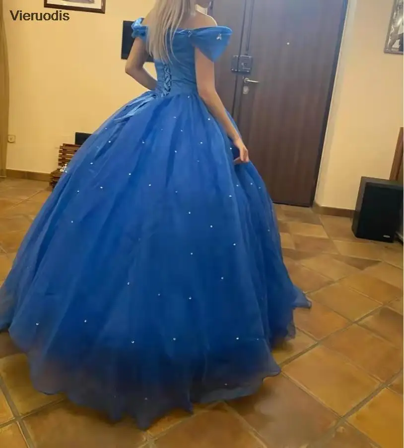 قبالة الكتف الطيات الجليد الأزرق منتفخ فساتين الأميرة فساتين حفلة موسيقية فساتين سهره تول Quinceanera الكرة الخاصة ثوب فساتين السهرة #5
