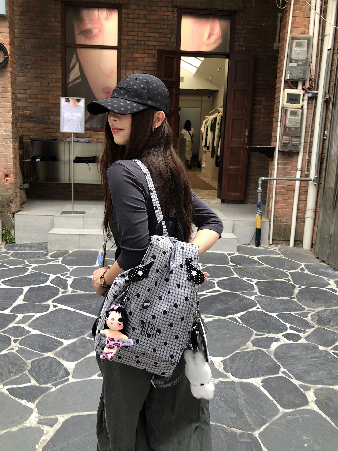 uniqueblue-korean-polka-dot-plaid-large-capacity-double-shoulder-bag-women's-commuter-backpack-drawstring-closure-school-bag