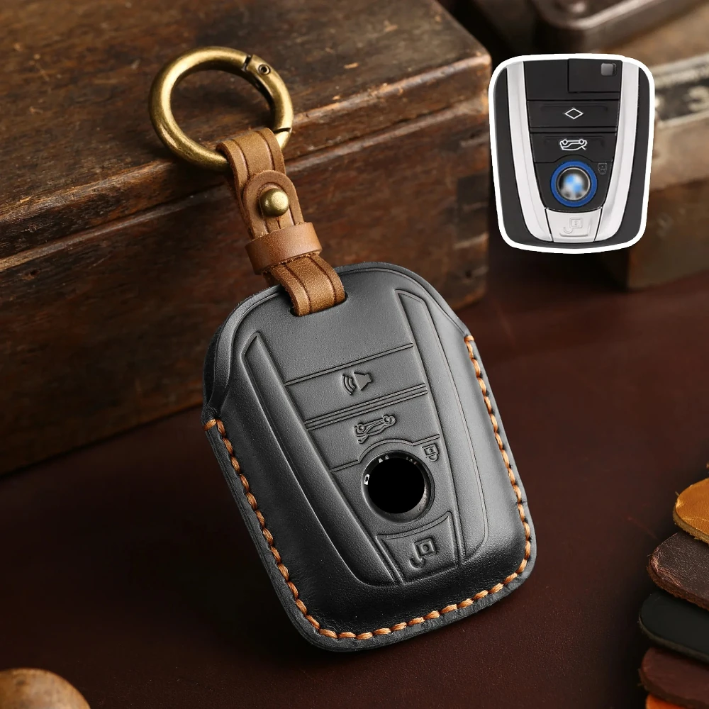 Schlüsselkomparatur! Handgefertigtes Leder-Schlüsseletui für BMW I3 I8, Vintage-Stil mit Oranger Naht & Antikem Ring, Oberfläche aus Rindsleder