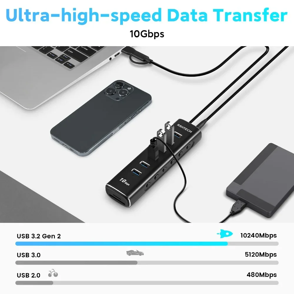 Imagem -05 - Leitor de Cartão Rshtech Usb c para sd Microsd tf Thunderbolt Usb c Hub com Transferência de Dados Expansor de Porta Usb de 10 Gbps para pc Laptop