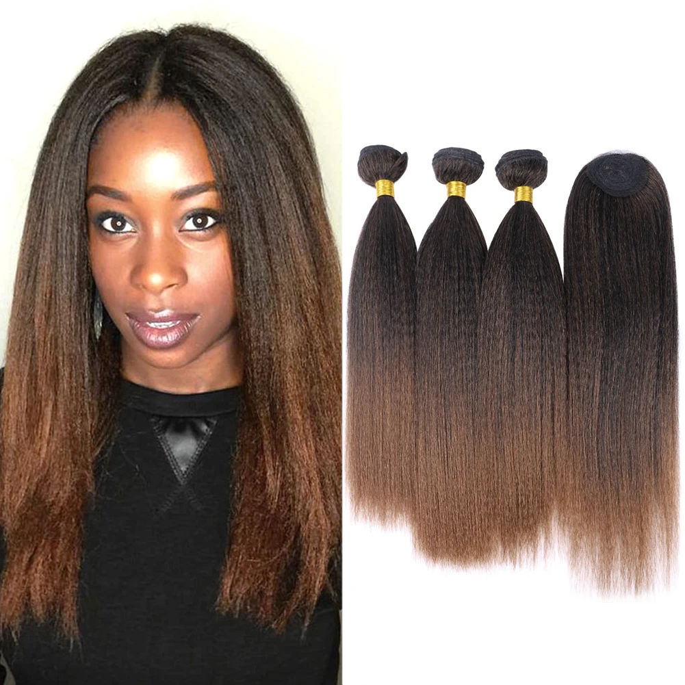 

Synthetic Straight Hair Weft Afro Kinky Weaving Bundles With Simple Closure 12 14 14 Inch 3+1pcs/Pack For A Head