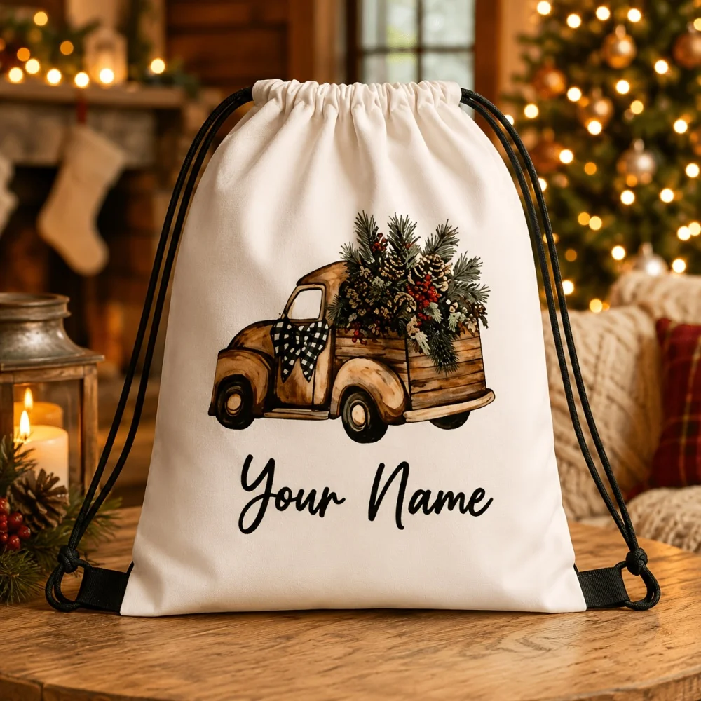 1Pc Christmas Custom Text/Name Drawstring Backpack, Xmas Party Gift Storage Pouch,Lightweight Sports Bag,Outdoor Travel Rucksack
