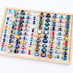 20pcs/lot Luxury Multicolor Imitation Gemstone Silver Plated Metal Rings For Women Men Fashion Party Jewelry Mix Style Wholesale