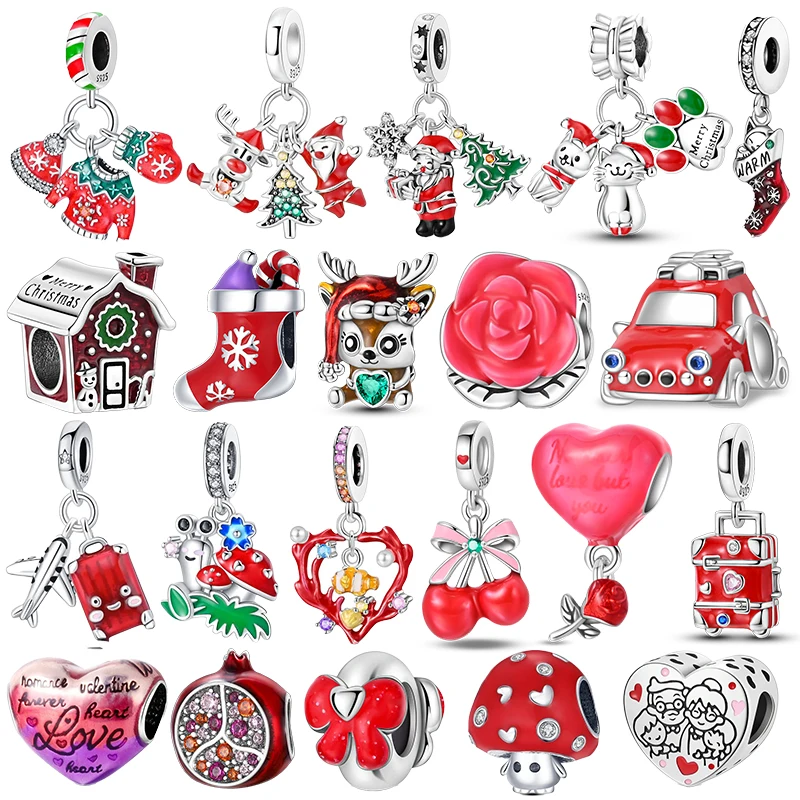 Plata de Ley 925, Color rojo, serie navideña, abalorios en forma de corazón, aptos para Pulseras originales, joyería de la suerte, regalos Diy