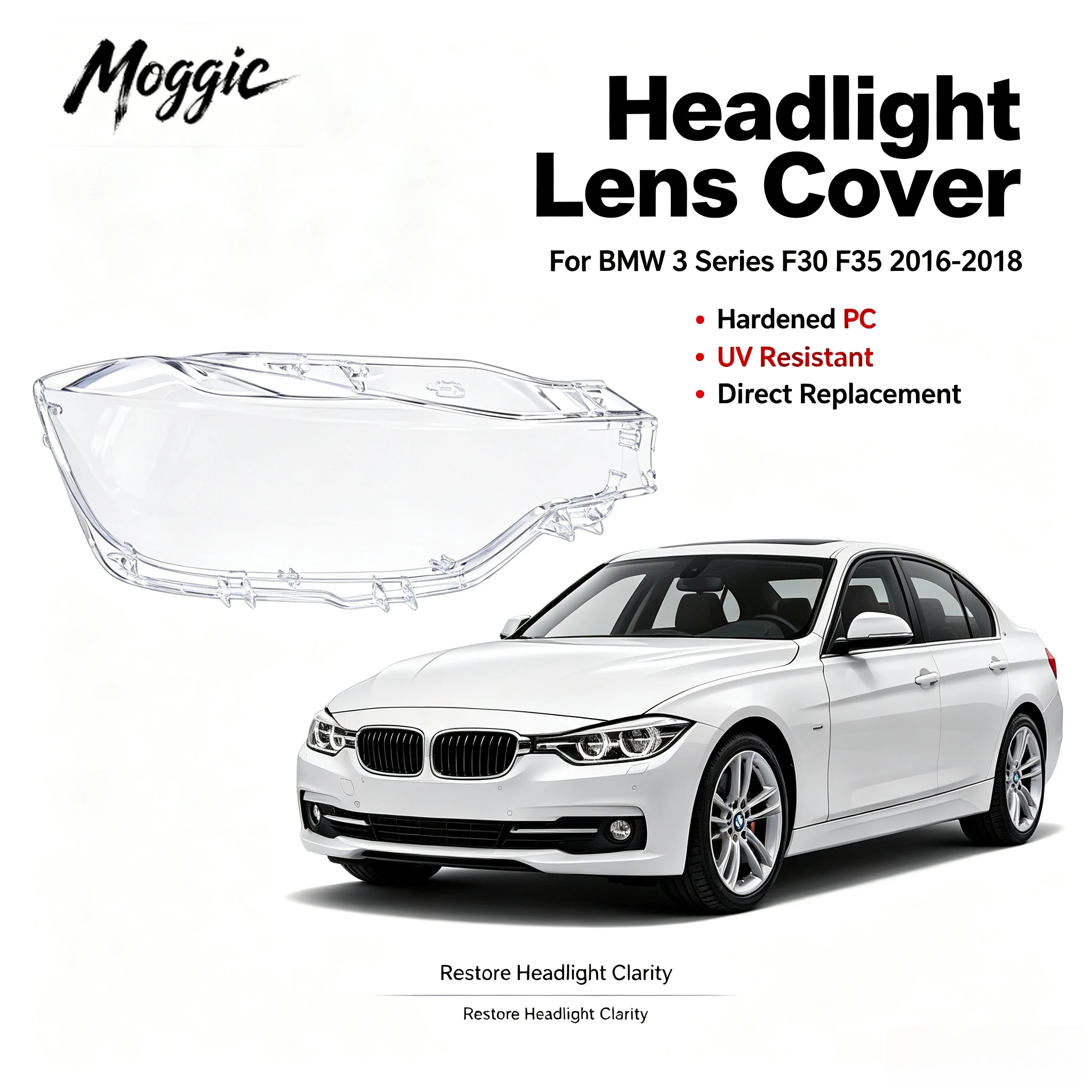 Moggic Headlight Lens Cover Compatible with 3 Series F30 F35 Sedan Model Years 2016 2017 2018 Left Right Side Replacement Clear