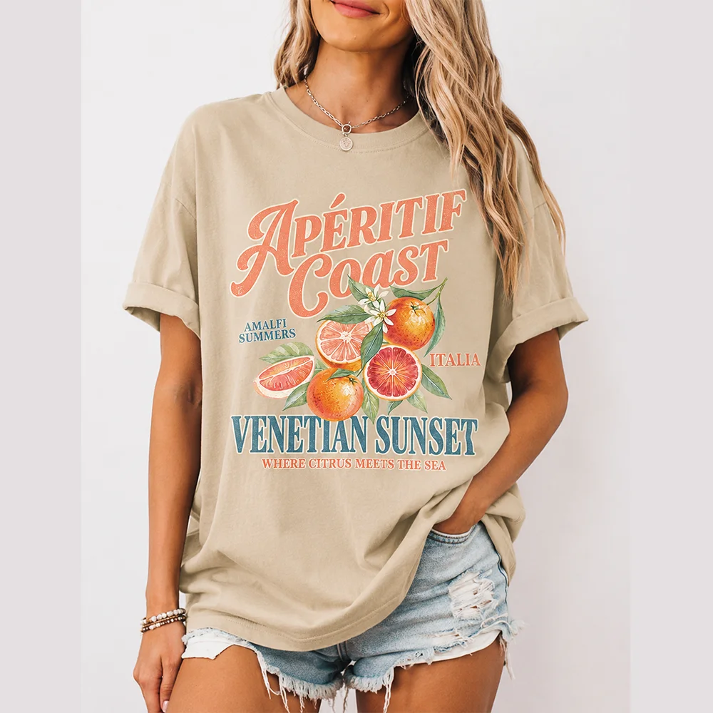 Vintage Citrus T Shirt Women Amalfi Coast Orange Graphic Tees Italian Summer Cute Retro Cotton Oversized Short Sleeve Tops