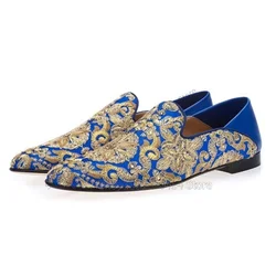 Two Colors Gold Embroidery Court Style Loafers Fashion Slip On Men Shoes Luxury Handmade Party Banquet Wedding Men Dress Shoes