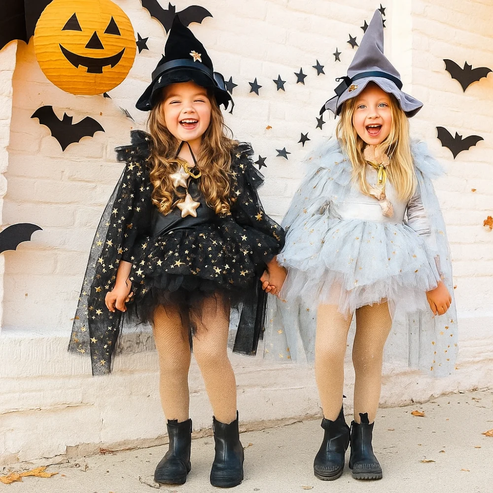 

Wizard Childern Halloween Costumes Mesh Bright Color Girls Witches Robes Cloak Princess Halloween Cosplay Cape Party Outfit