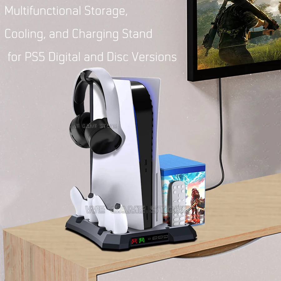 PS5 Video Spiele Lüfter Schreibtisch Stehen Für Playstation 5 Konsole Gaming Zubehör DualSense Controller Ladegerät 14 Disc Halter