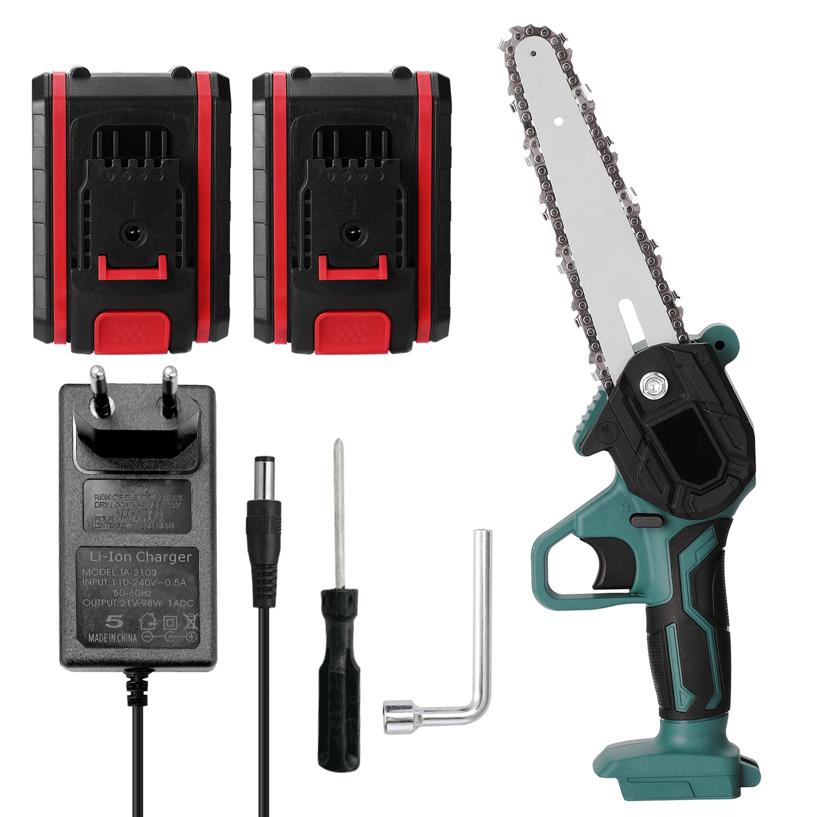 21V Two Battery Mini Electric Pruning Chainsaw Rechargeable Mini Wood Spliting Chainsaw One-handed Woodworking Tool for Garden