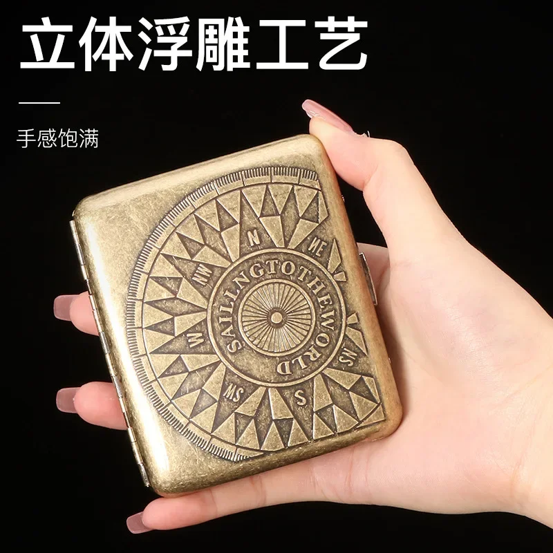 Vintage Metal Brass Cigarette Case with Gift Box Container 20 Pcs Regular Size Cigarettes Tobacco Holder Pocket Box Storage