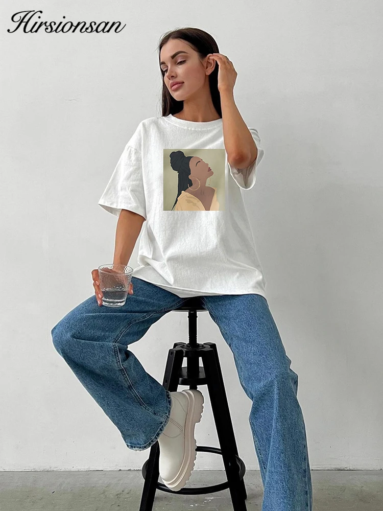 Hirsionsan 2023 Chic Retro Graphic Printed T Shirt Women Summer Loose Casual Female Clothing Elegant O Neck Cotton Lady Tops