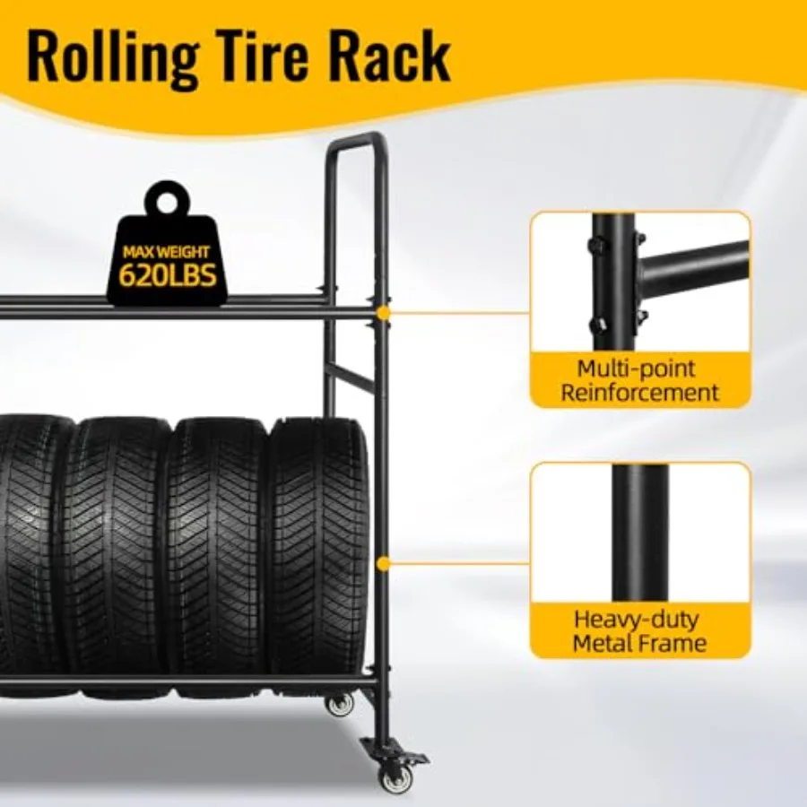 60 Tire Storage Rack Garage Shelving Steel Rolling Tire Stand with Wheels Protective Cover for Storing 1012 Tires Adjustable He