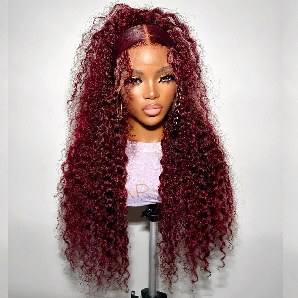Parrucche Glueless a onda profonda di colore bordeaux 99J 13 × 6 Parrucche anteriori in pizzo trasparente HD 36 pollici Parrucca per capelli umani al 100% a densità 400 per le donne