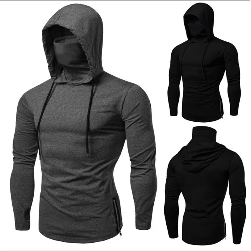 

2025 Men Athletic Hoodies Fashion Slim Fit Long Sleeve Sweatshirt With Mask Design Solid Color Sport Fitness Casual Pullover Out