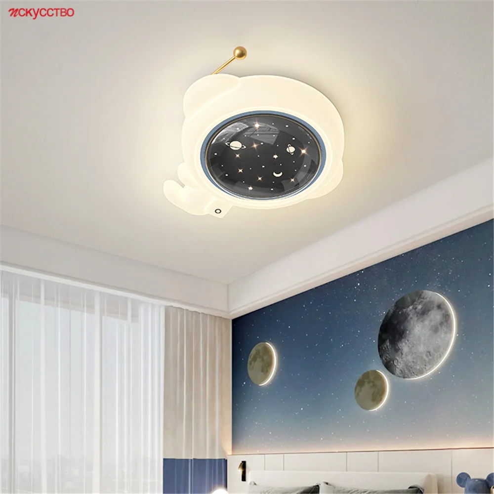 Children'S Pe Iron Art Astronaut Cartoon Led Ceiling Lamp For Boys Bedroom Decoration Study Interior House Lighting Fixtures