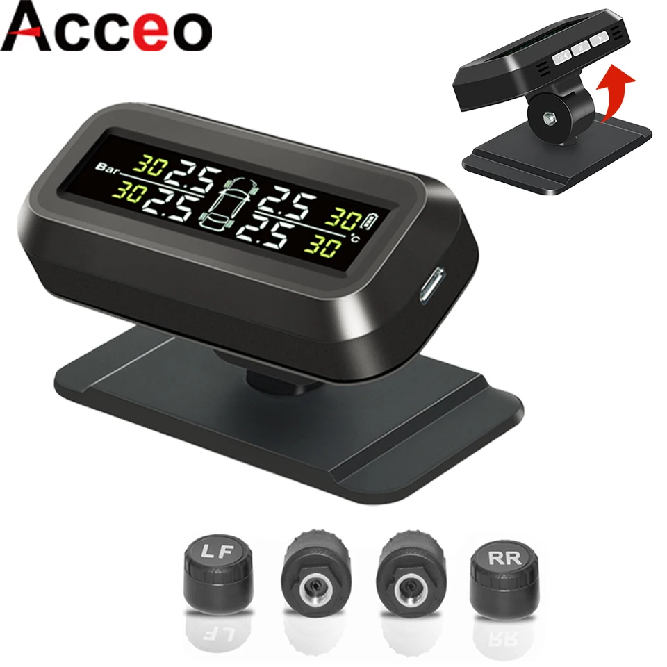 ACCEO Tire Pressure Monitoring System TPMS USB/Solar Charging Real-Time Tire Pressure Monitoring System 4 Sensor Set