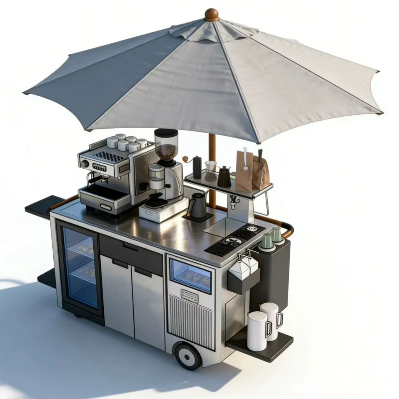Stainless steel coffee cart can be used immediately after power on, with its own water supply and launching, commercial street