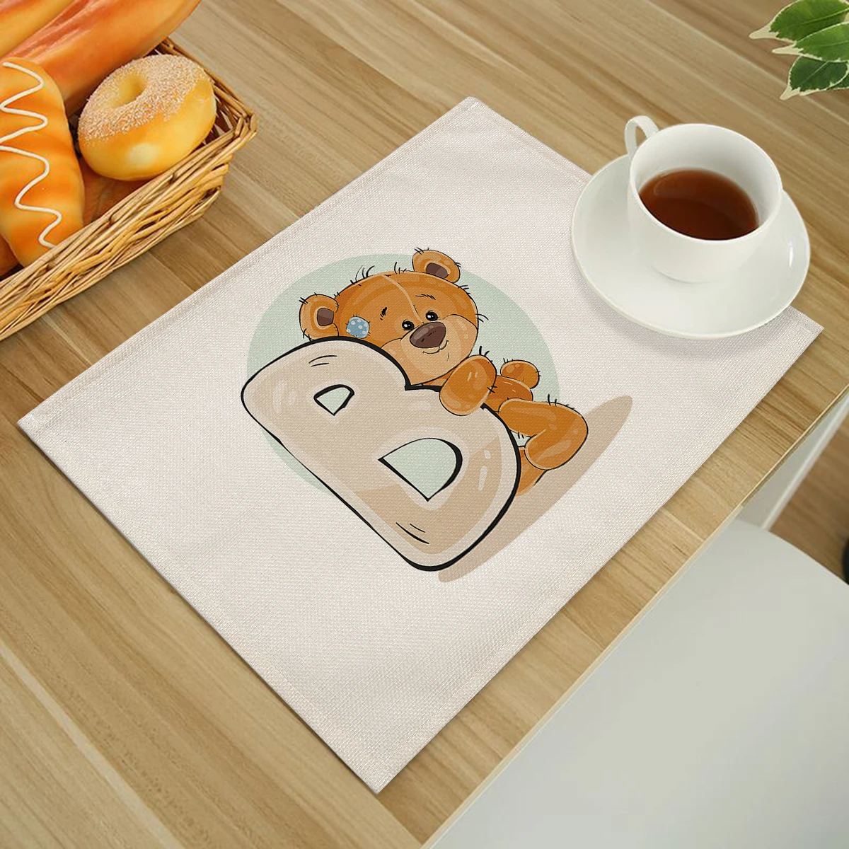 Podkładka kuchenna Cute Cartoon Animal Bear dla dzieci Dzieci Alfabet angielski A-Z Drukuj Bawełniane lniane maty stołowe Coaster