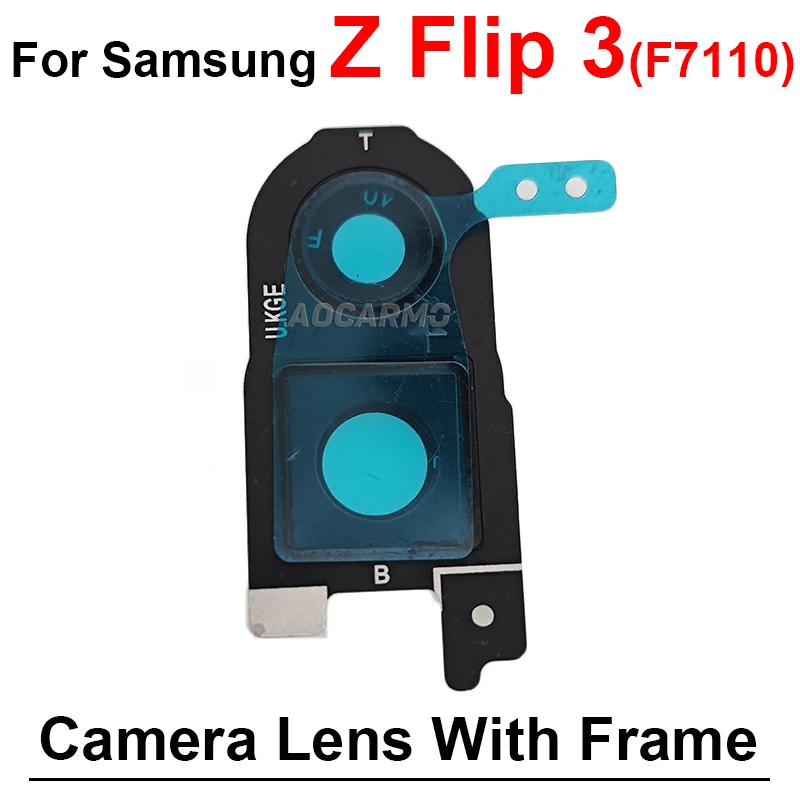 Lensa kamera belakang, untuk Samsung Galaxy Z Flip 3 F7110 Flip3 hitam dengan bingkai dan bagian pengganti stiker