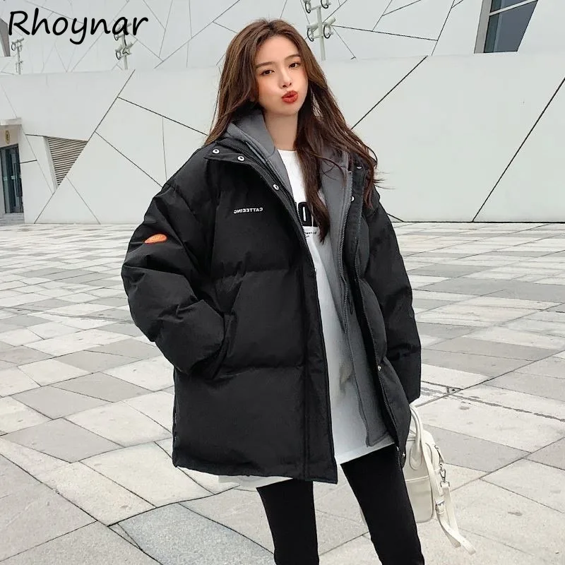 Parkas falsas de dos piezas con capucha para mujer, abrigos holgados de algodón de invierno a la moda, abrigos gruesos de estilo coreano con cremallera dulce, apliques para estudiantes Ins