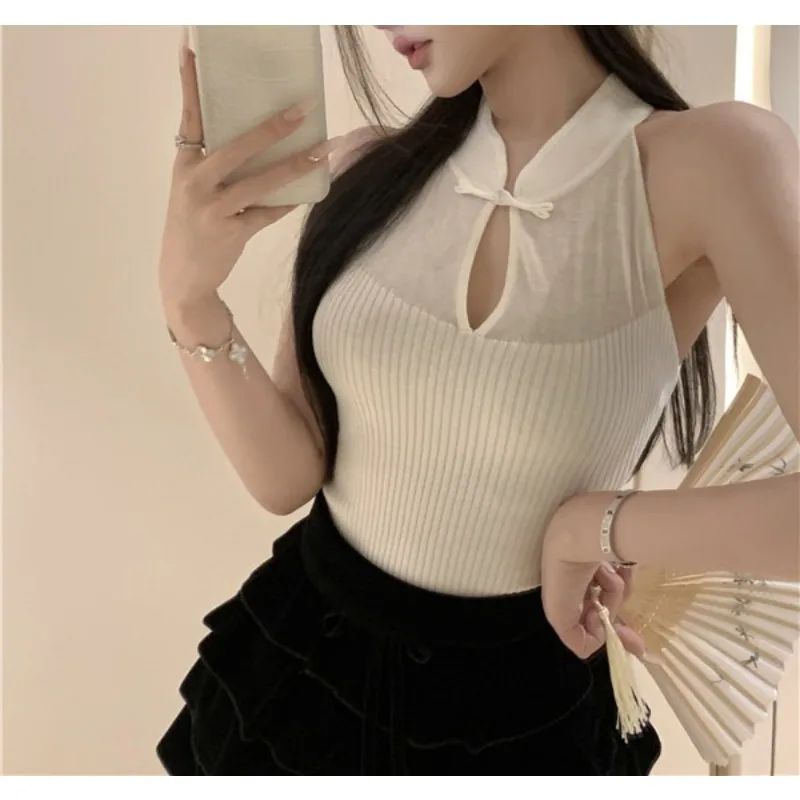 

Button Hollow Neck Sleeveless Knitted Vest Women's Summer Spice Girl Slim-fit Inner Top