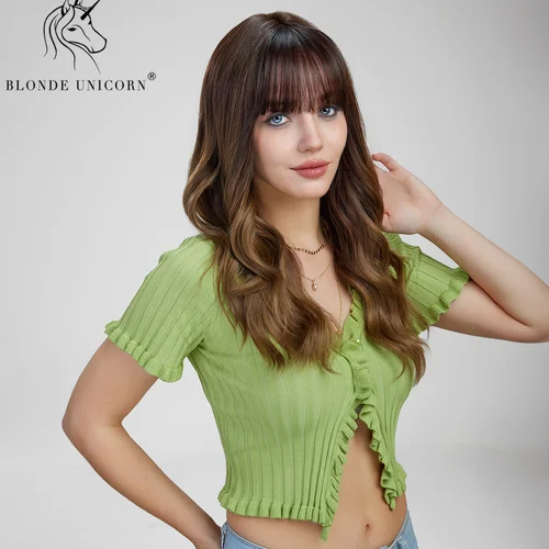 Imagen 2 del producto Peluca sintética rubia de unicornio largo y marrón, pelucas onduladas con flequillo, uso diario para fiestas, pelucas de pelo de fibra resistentes al calor para mujeres